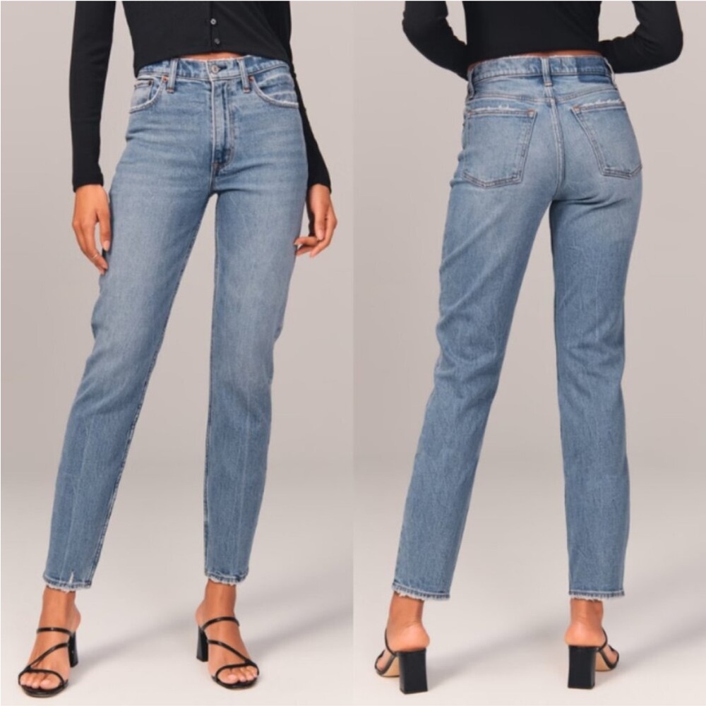 Abercrombie & Fitch High Rise Mom Jeans In Medium Blue Denim